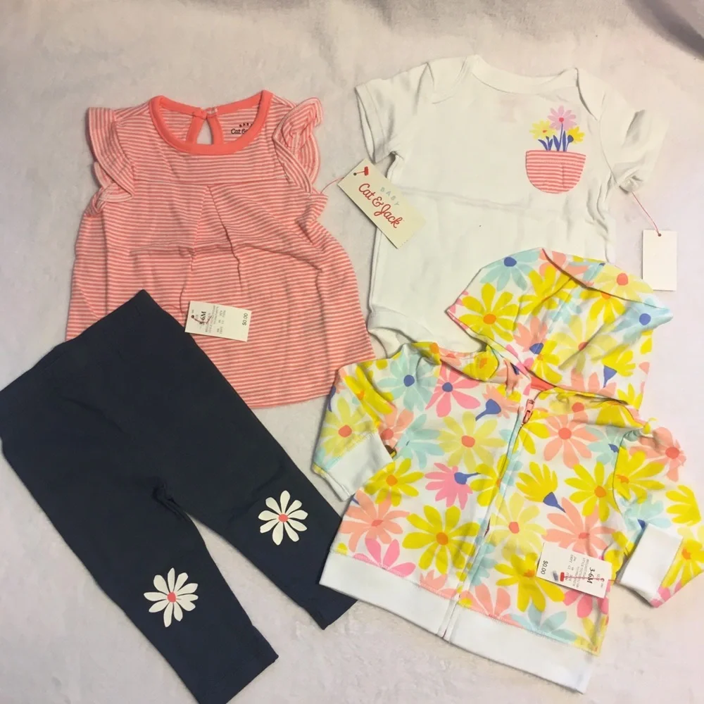 Cat & Jack 4pc Outfit Set Baby Girl 3-6M Pink Navy Floral NWT‎ Bodysuit Pant